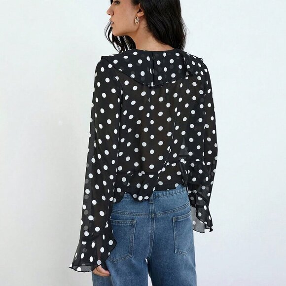 Black Women's Polka Dot Print Design Front Bow Tie Ruffle details blouse - Picture 3 of 11